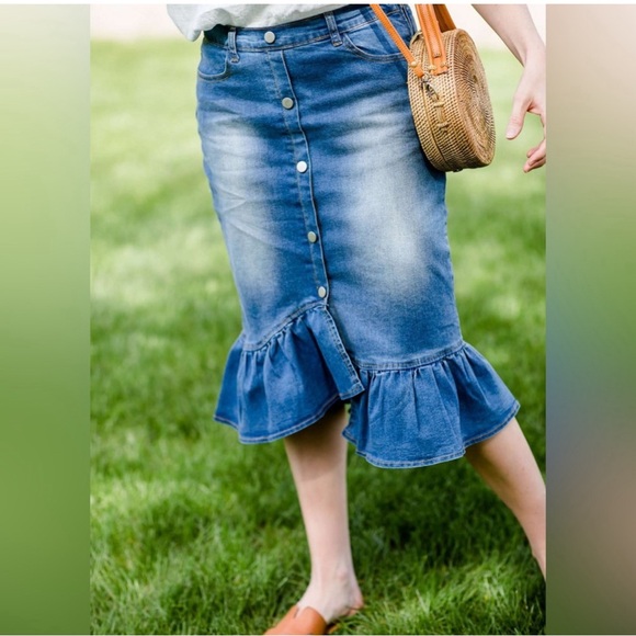 Hayden Dresses & Skirts - Denim Mermaid Midi Skirt Ruffle Hem